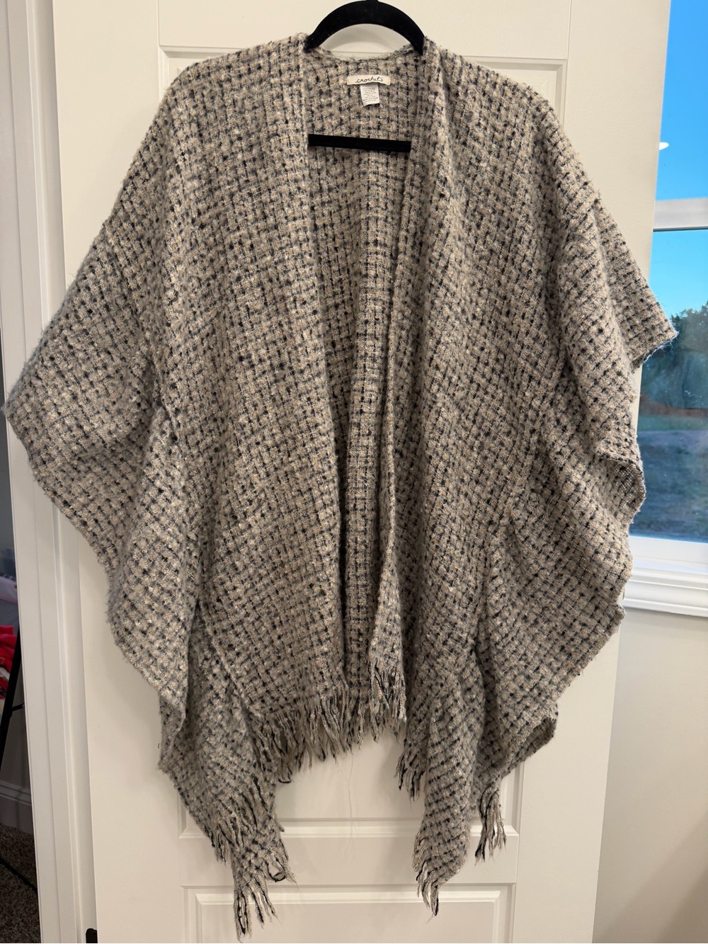 Crochet Textured Fringe Poncho Cardigan Gray Oversized Boho Ruana